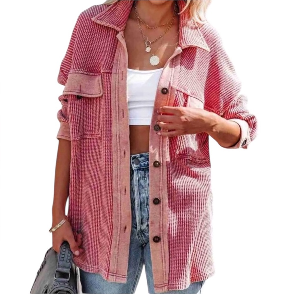 Vici Mineral Washed Pink Waffled Shacket Button Down Shirt Jacket Womens Medium